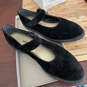 Black suede Mary Jane’s with a Velcro closer